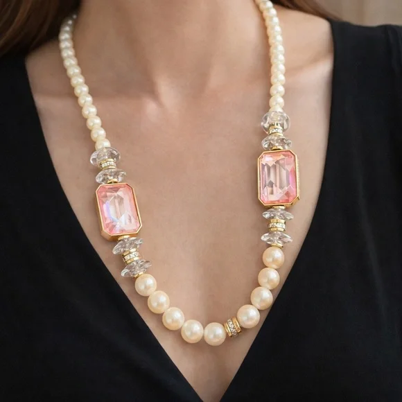 Vintage Pearl Necklace Pink Crystal Embellishments Rare - Picture 1 of 9